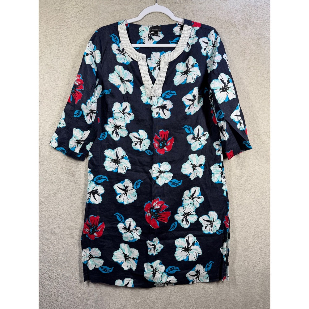 Talbots Linen Shift Dress Women S Navy Blue Floral Beaded Neck Resortwear